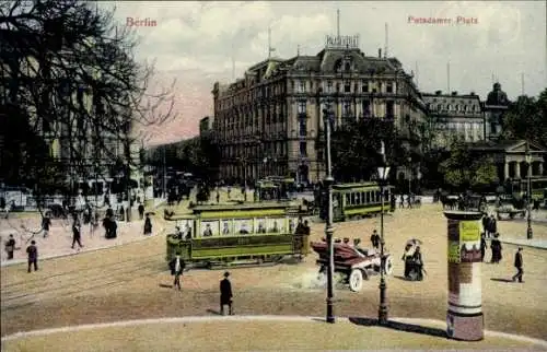 Ak Berlin Tiergarten, Potsdamer Platz, Straßenbahnen, Litfaßsäule