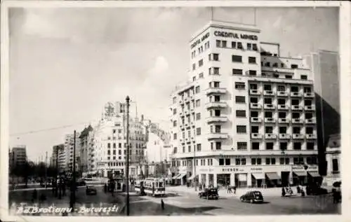 Ak București Bukarest Rumänien, Bd. Bratianu, Verkehr, Straßenbahn, Creditul Minier