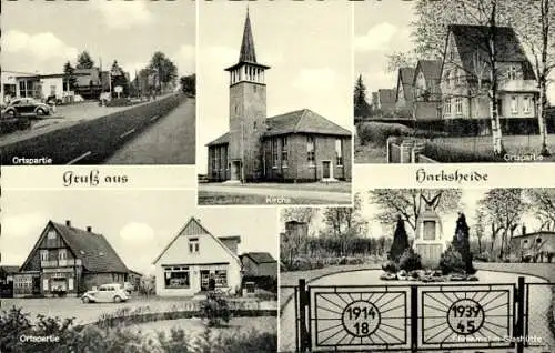 Ak Harksheide Norderstedt in Schleswig Holstein, Ortspartie, Kirche, Ehrenmal in Glashütte