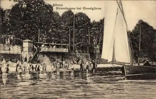 Ak Hamburg Altona Oevelgönne, Strandszene, Segelboot, Badegäste