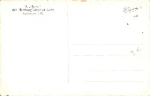 Ak Dampfschiff Hansa, HAPAG, Rauchsalon I. Klasse, Innenansicht