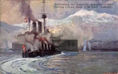 Künstler Ak Beschießung der Festung Lovcen durch S.M. Schiff Radetzky, I. WK