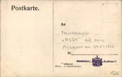 Ak Frachtdampfer Roda, Probefahrt 1908