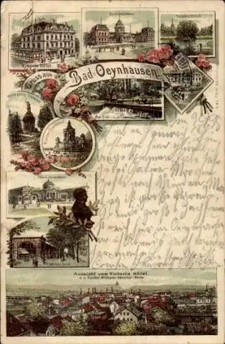 Litho Bad Oeynhausen in Westfalen, Aussicht vom Victoria Hotel, Kaiser-Denkmal