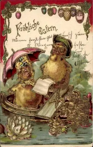 Präge Litho Fröhliche Ostern, Küken, Ostereier