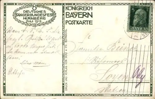 Künstler Ak Nürnberg in Mittelfranken Bayern, 8. Deutsches Sängerbundesfest, 27. - 31.7.1912