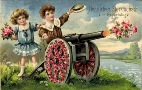 Ak Glückwunsch Geburtstag, Junge und Mädchen feuern Rosen aus einer Kanone ab