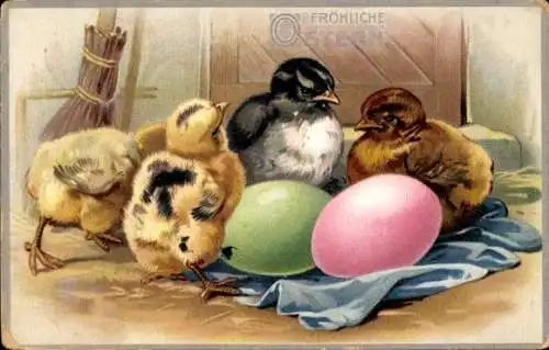 Präge Ak Glückwunsch Ostern, Ostereier, Küken