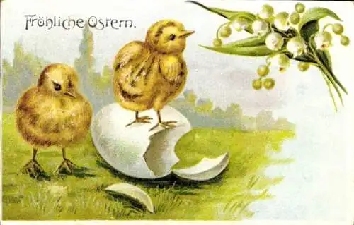 Präge Litho Glückwunsch Ostern, Zwei Küken, Ei, Maiglöckchen