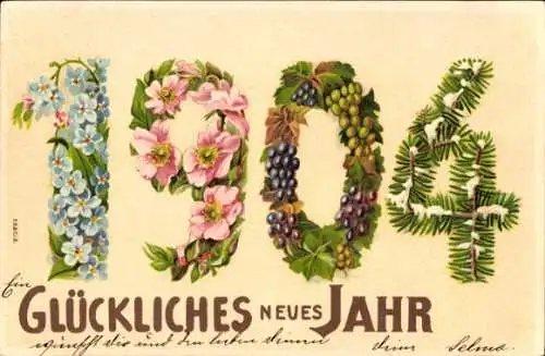 Präge Litho Glückwunsch Neujahr 1904, Blumen, Vergissmeinnicht, Weintrauben, Tannenbaum