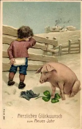 Ak Glückwunsch Neujahr, Schwein, Weinendes Kind, Glücksklee, Hose