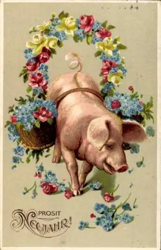 Präge Ak Glückwunsch Neujahr, Schwein, Blumen