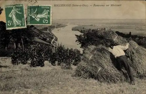 Ak Méricourt Yvelines, Panorama, Mann mit Heuhaufen