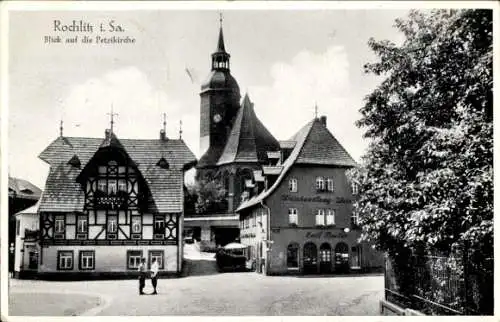 Ak Rochlitz an der Mulde, Petrikirche, Weinhandlung von Emil Fischer