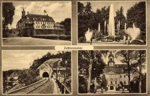 Ak Lichtenwalde Niederwiesa in Sachsen, Schloss, Bahnstrecke, Bahntunnel, Springbrunnen