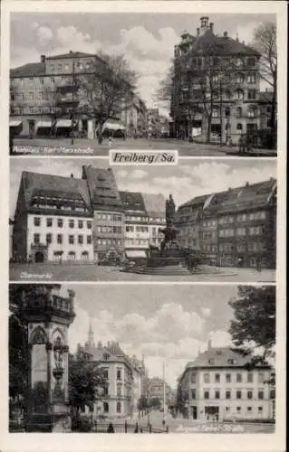 Ak Freiberg in Sachsen, Postplatz, Karl-Marx-Straße, Obermarkt, August-Bebel-Straße