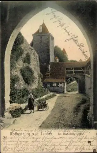 Ak Rothenburg ob der Tauber Mittelfranken, Koboldzellertor,  Mädchen mit Handwagen