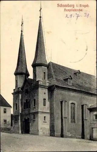 Ak Schneeberg im Erzgebirge, Ansicht der Hospitalkirche, Doppelturmfassade