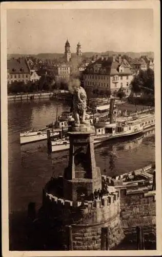 Ak Lindau am Bodensee Schwaben, Der Löwe, Hafen, Dampfer