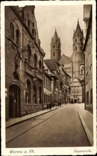 Ak Worms am Rhein, Blick in die Hagenstraße mit Kirche