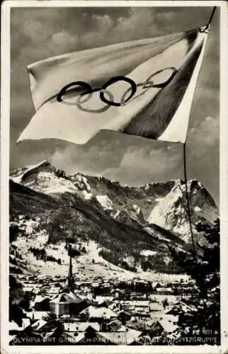 Ak Garmisch Partenkirchen in Oberbayern, Gesamtansicht, Zugspitzgruppe, Winter, Olympische Flagge