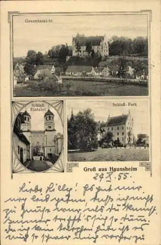 Ak Haunsheim in Schwaben, Gesamtansicht, Schloss, Park, Einfahrt