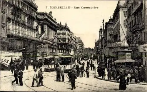 Ak Marseille Bouches du Rhône, Rue Cannebiere, tramways