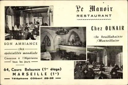 Ak Marseille Bouches du Rhône, Restaurant Le Manoir, Innenansichten, 64 Cours Belsunce, Chez Ounair