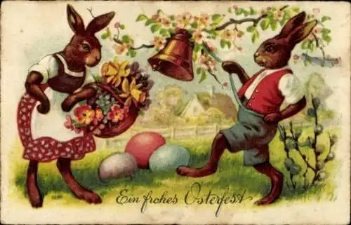 Ak Glückwunsch Ostern, Osterhasen, Blumen, Ostereier, Weidenkätzchen, Glocke