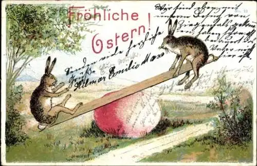 Litho Glückwunsch Ostern, Hasen auf einer Wippe, Ei