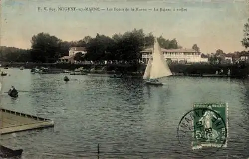 Ak Nogent sur Marne Val de Marne, Ufer der Marne, Segelboot