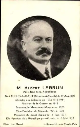 Ak Albert Lebrun, Präsident der Republik