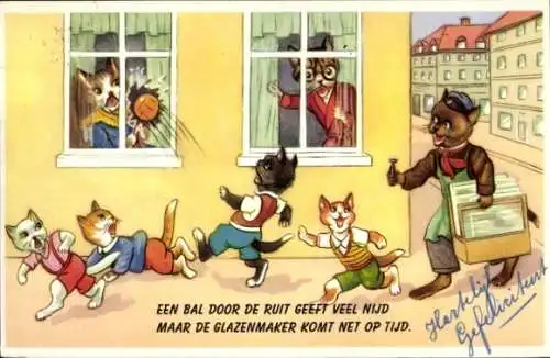 Ak Katzen spielen Fußball, Zerschlagenes Fenster