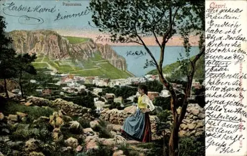 Ak Capri Neapel Campania, Panorama, Frau in Tracht