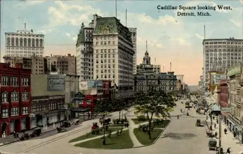 Ak Detroit Michigan USA, Cadillac Square, Blick nach Westen