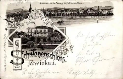 Litho Zwickau in Sachsen, Schwanenschloss Panorama von der Terrasse