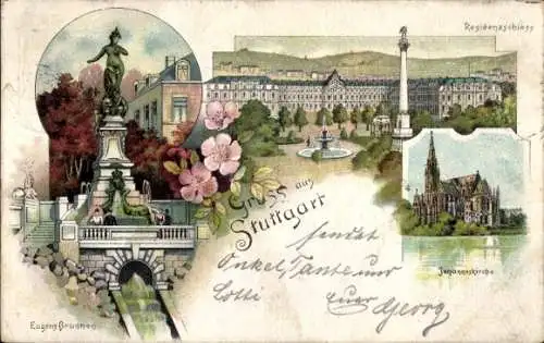 Litho Stuttgart in Württemberg, Residenzschloss, Johanneskirche, Brunnen