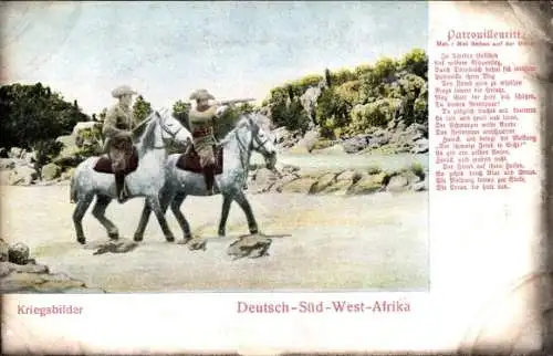 Ak Namibia, Deutsch Südwestafrika, Deutsche Kolonie, Patrouillenritt bei Sedan, Gedicht, color