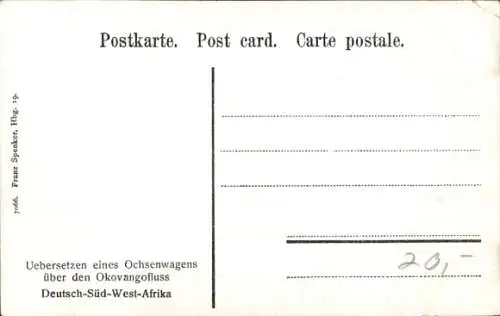 Ak Namibia Deutsch Südwestafrika, Übersetzen eines Ochsenwagens über den Okovangofluss