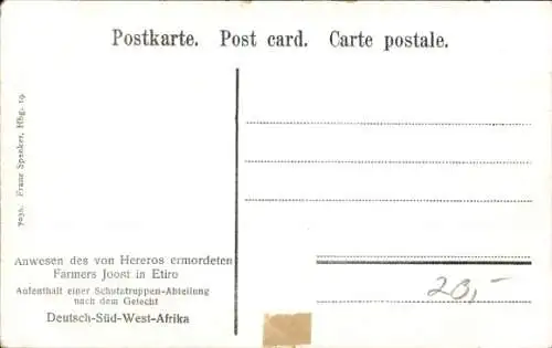 Ak Etiro Deutsch Südwestafrika, Anwesen des von Hereros ermordeten Farmers Joost