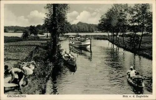 Ak Groß Köris im Kreis Dahme Spreewald, Blick von der Zugbrücke, Schiff, Boot