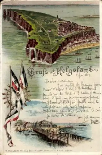 Litho Nordseeinsel Helgoland, Gesamtansicht, Hafen, Fahnen