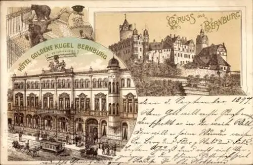 Litho Bernburg an der Saale, Schloss, Hotel Goldene Kugel, Bären