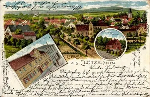 Litho Clötze Klötze in der Altmark, Hotel zum goldenen Löwen, Forsthaus Pansau