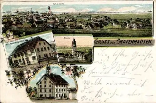 Litho Grafenhausen im Schwarzwald, Gesamtansicht, Gasthaus zum Hirschen, Kirche, Schule