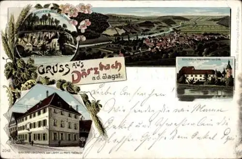 Litho Dörzbach an der Jagst Württemberg, Kapelle, Brauerei, Gasthaus zum Lamm, Schloss