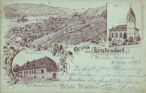 Litho Leutesdorf am Mittelrhein, Panorama, Winzer-Verein, Kirche