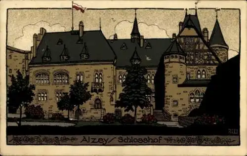 Steindruck Ak Alzey in Rheinhessen, Schloss und Schlosshof