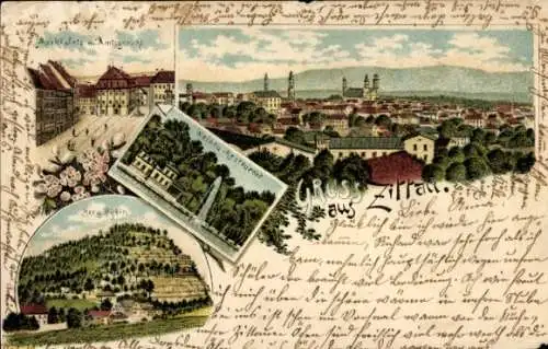 Litho Zittau in der Oberlausitz, Marktplatz, Amtsgericht, Weinau-Restaurant