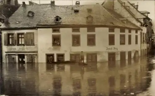 Foto Ak Lieser an der Mosel, Überschwemmung, Weihnachten 1919, Geschäft Jakob Binz